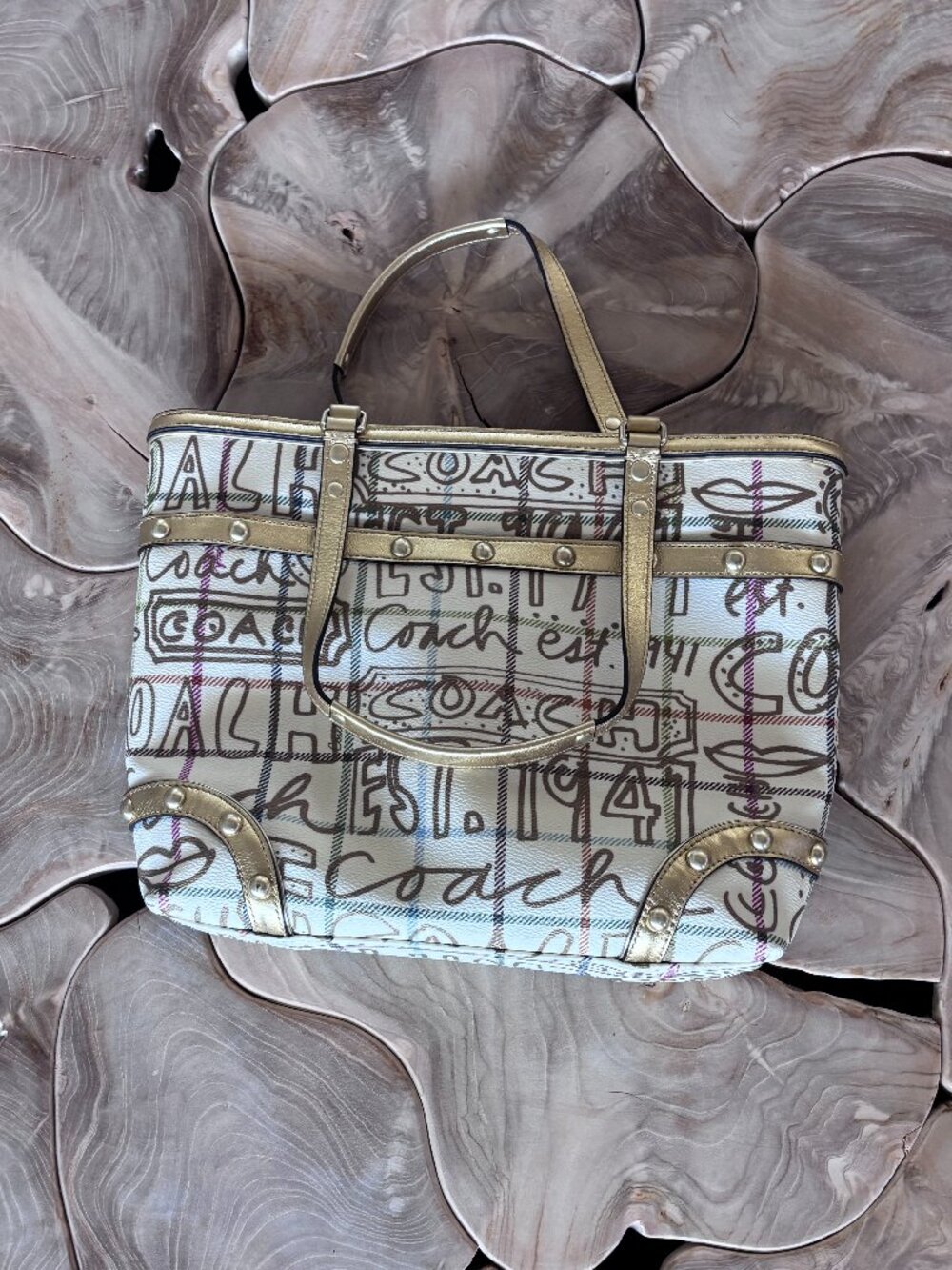 Vintage Coach Heritage Tattersall Graffiti Tote Gold Multicolor Shoulder Bag